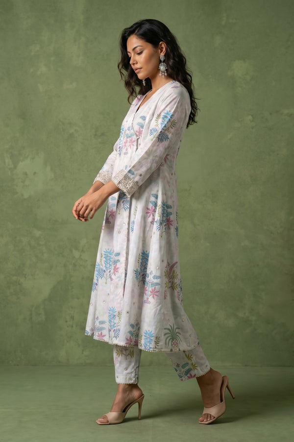 White Floral Printed Chanderi Angrakha Kurta with Pants and Dupatta Set