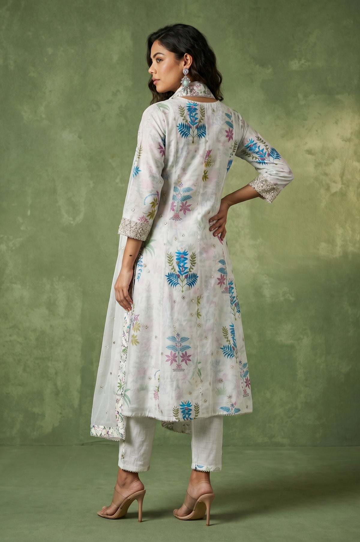 White Floral Printed Chanderi Angrakha Kurta with Pants and Dupatta Set
