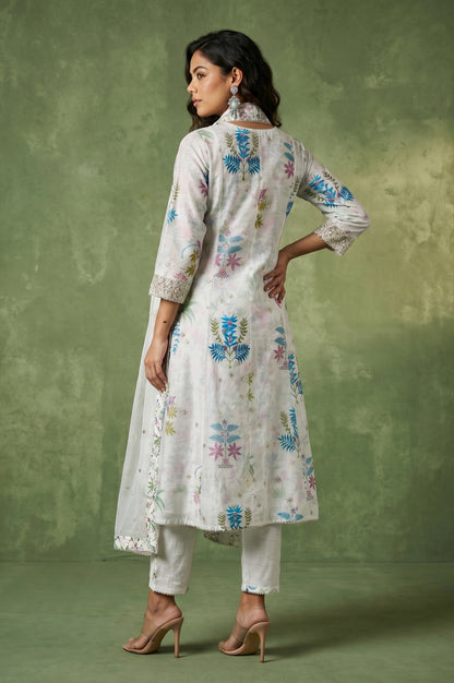 White Floral Printed Chanderi Angrakha Kurta with Pants and Dupatta Set