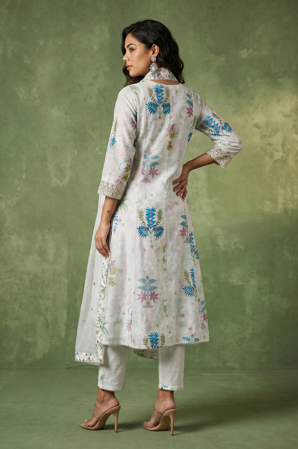 White Floral Printed Chanderi Angrakha Kurta with Pants and Dupatta Set