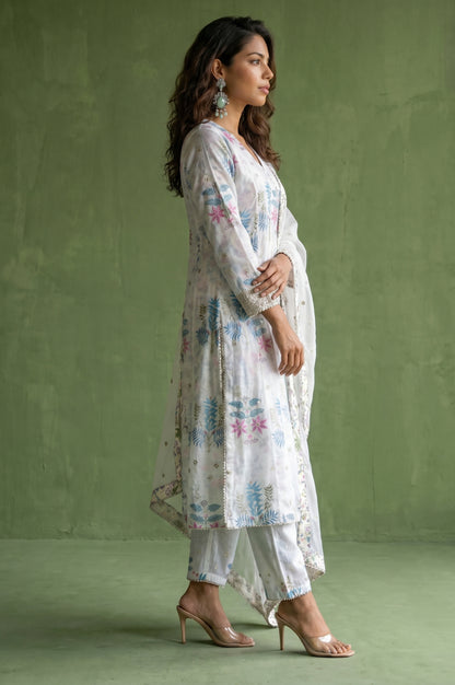 White Floral Printed Chanderi Angrakha Kurta with Pants and Dupatta Set