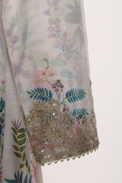 White Floral Printed Chanderi Angrakha Kurta with Pants and Dupatta Set