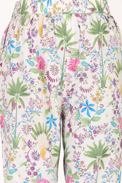 White Floral Printed Chanderi Angrakha Kurta with Pants and Dupatta Set