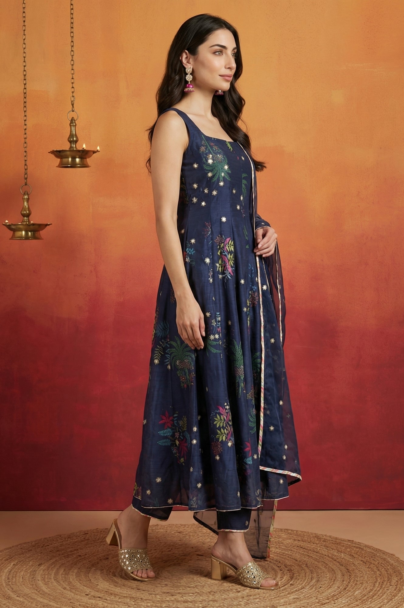 Navy Blue Floral Printed Chanderi Spaghetti Strap Flared Kurta with Straight Pants and Dupatta Set