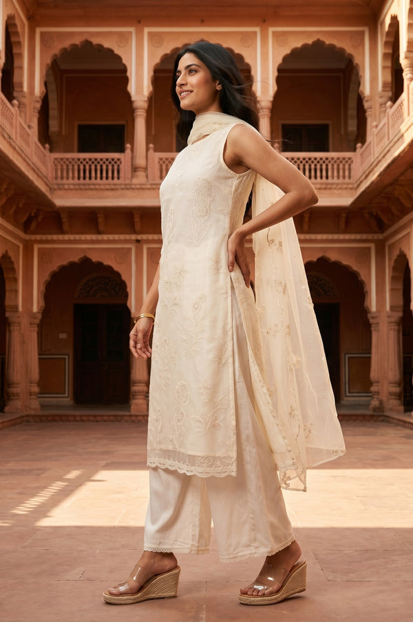Off White Thread Embroidered Straight Kurta With Palazzo And Dupatta Set