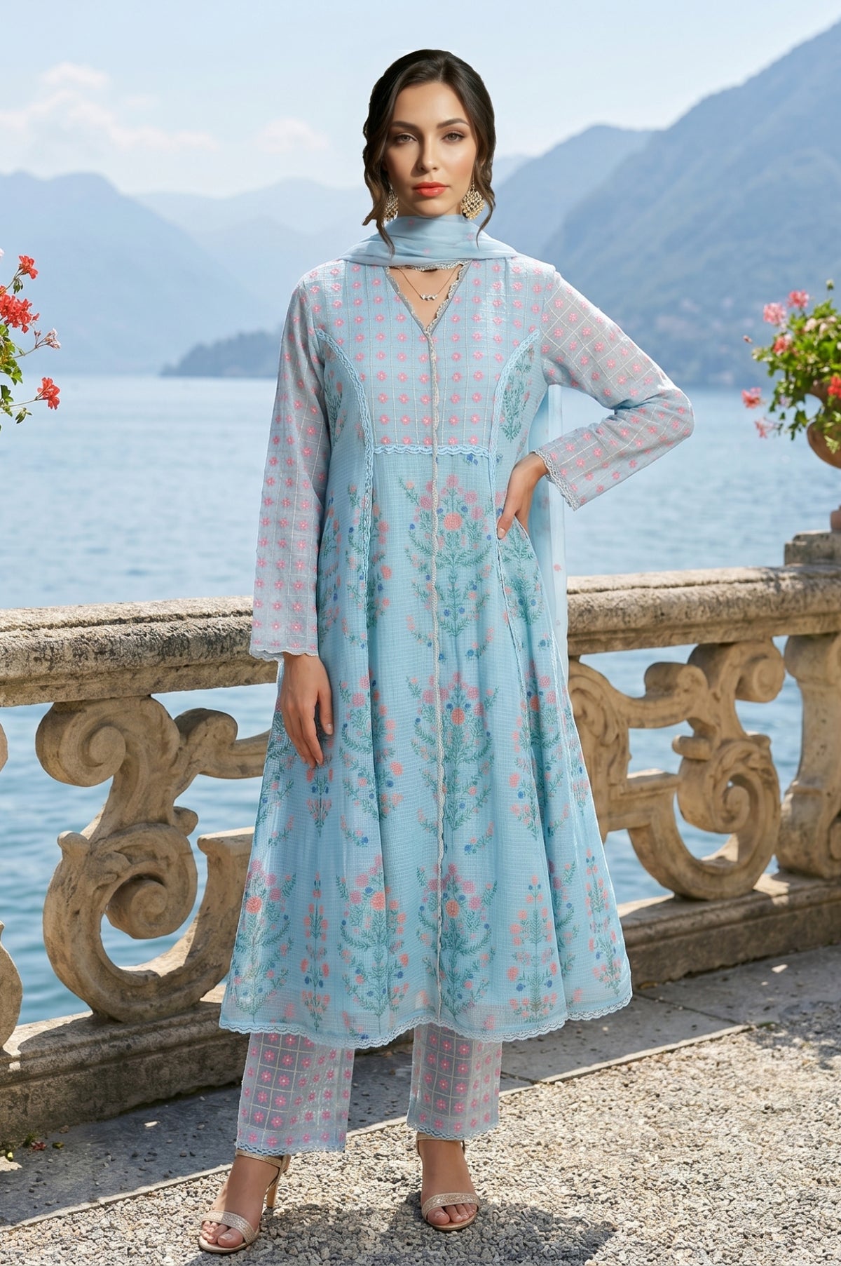 Turquoise Blue Floral Printed Lace Cotton Anarkali Kurta with Pants and Dupatta Set test