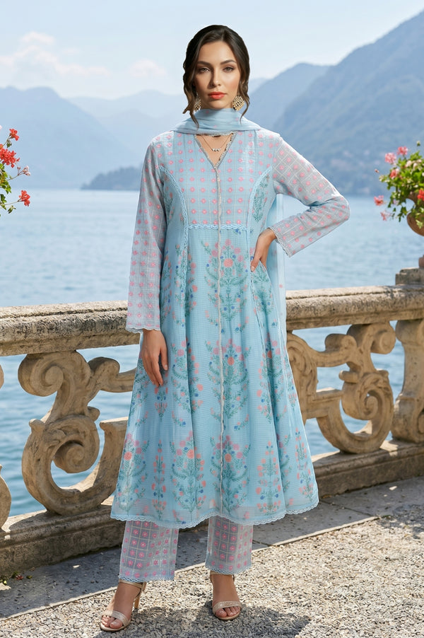 Turquoise Blue Floral Printed Lace Cotton Anarkali Kurta with Pants and Dupatta Set test