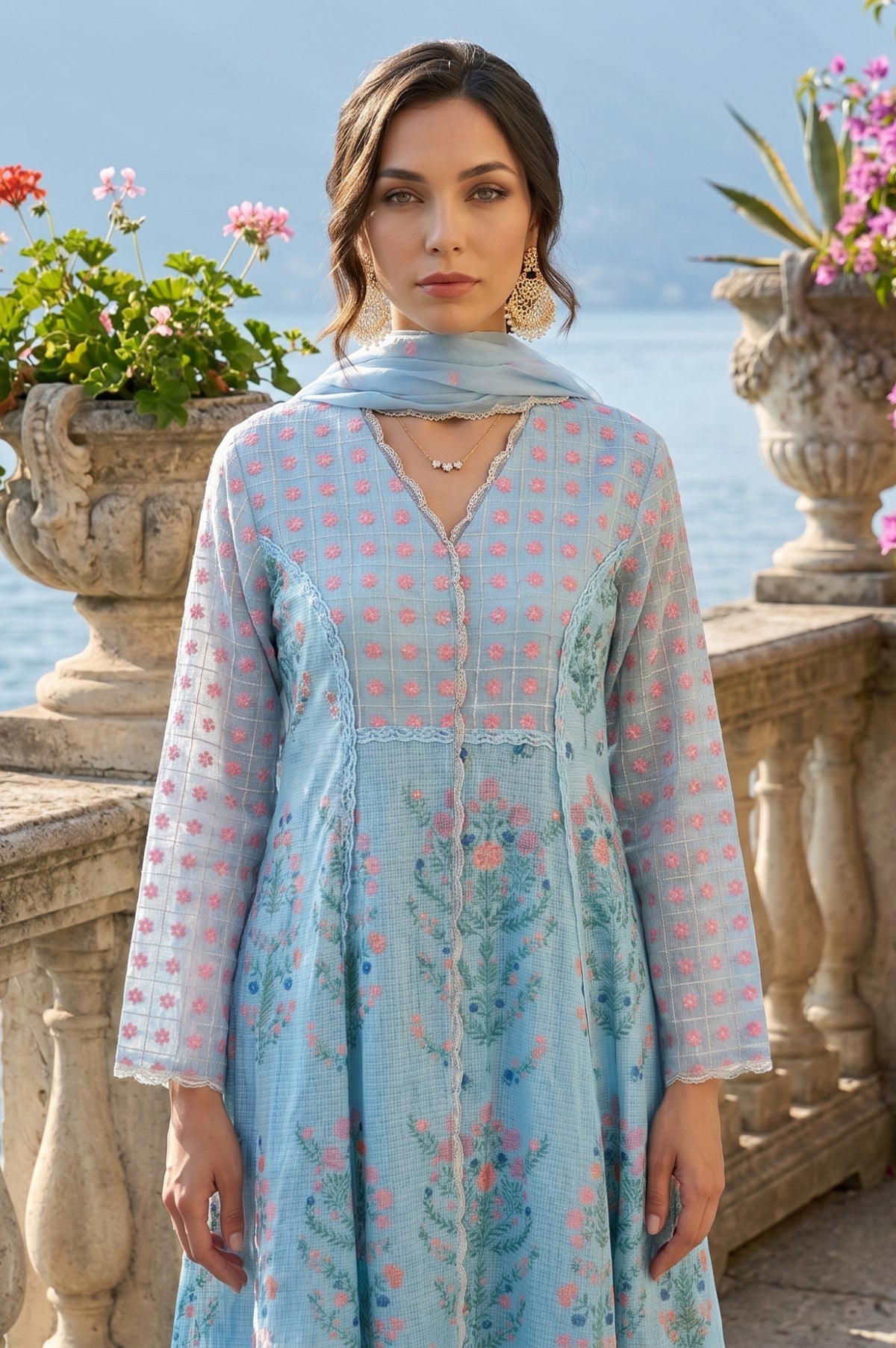 Turquoise Blue Floral Printed Lace Cotton Anarkali Kurta with Pants and Dupatta Set test