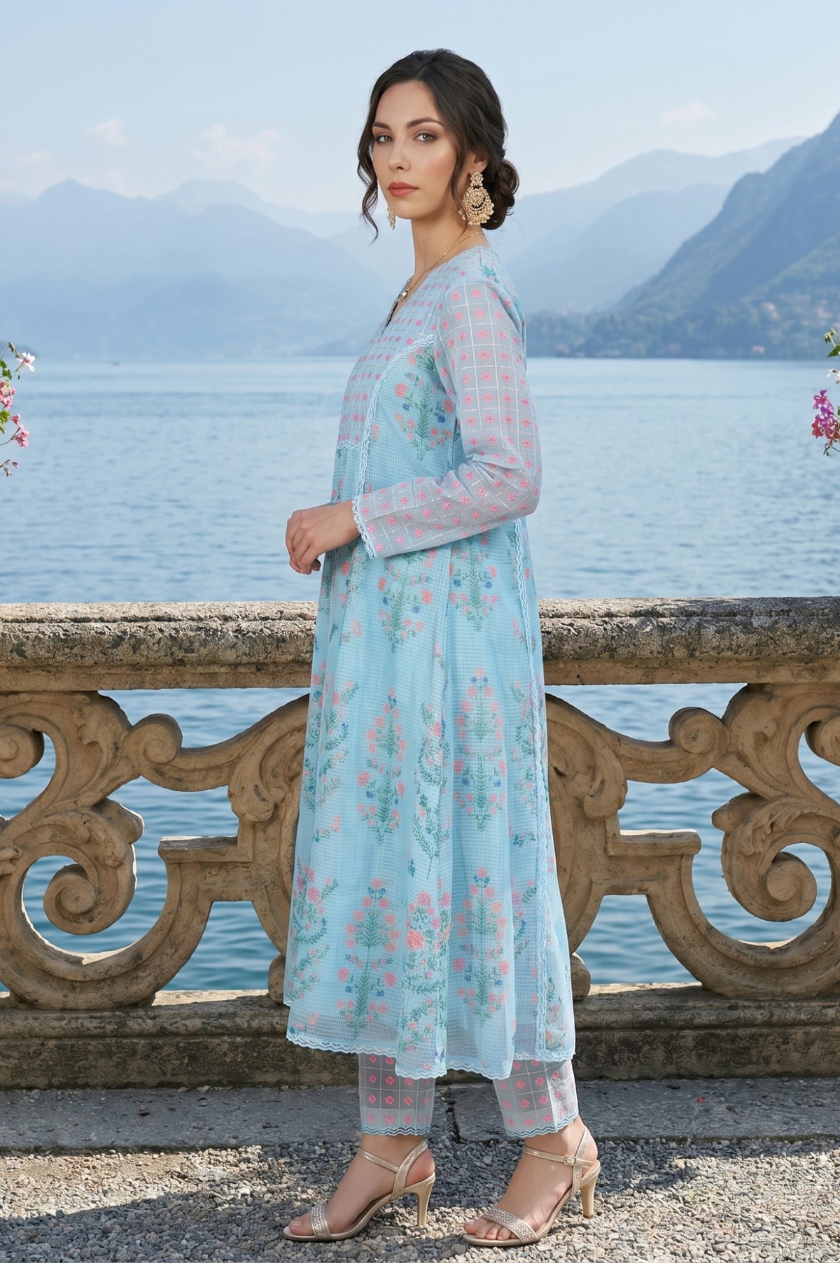 Turquoise Blue Floral Printed Lace Cotton Anarkali Kurta with Pants and Dupatta Set test