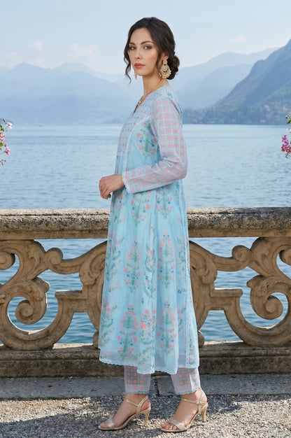 Turquoise Blue Floral Printed Lace Cotton Anarkali Kurta with Pants and Dupatta Set test