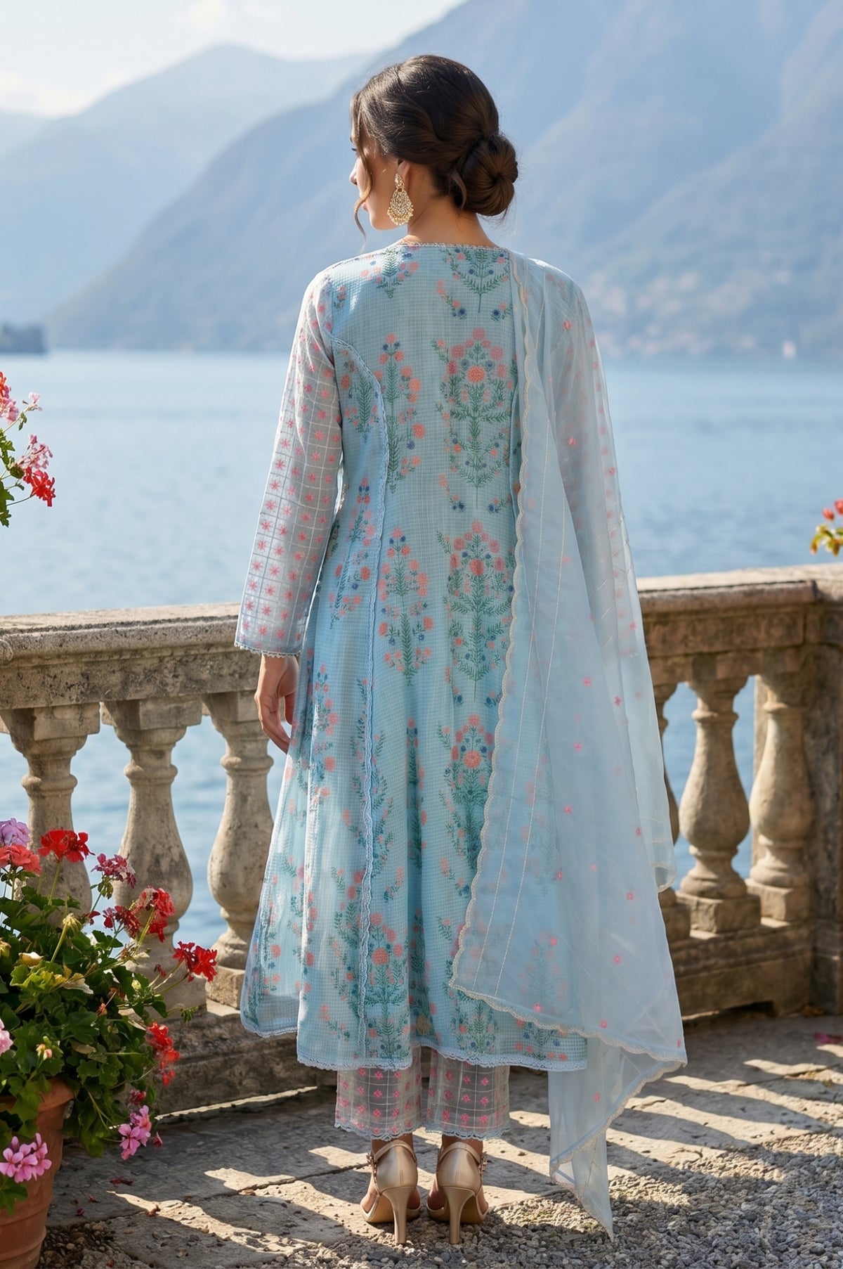 Turquoise Blue Floral Printed Lace Cotton Anarkali Kurta with Pants and Dupatta Set test