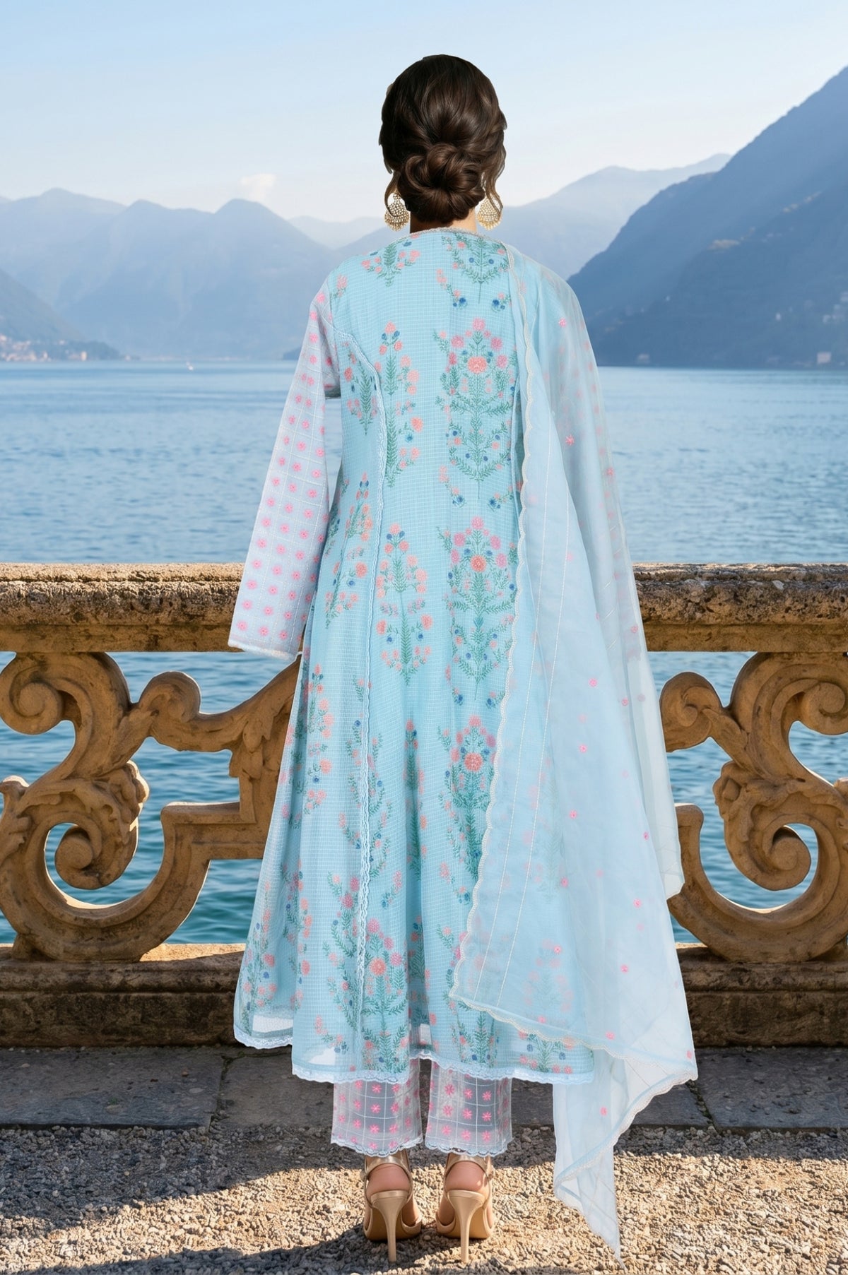 Turquoise Blue Floral Printed Lace Cotton Anarkali Kurta with Pants and Dupatta Set test