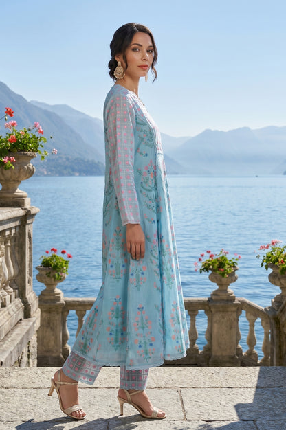 Turquoise Blue Floral Printed Lace Cotton Anarkali Kurta with Pants and Dupatta Set test