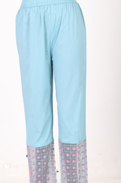 Turquoise Blue Floral Printed Lace Cotton Anarkali Kurta with Pants and Dupatta Set test