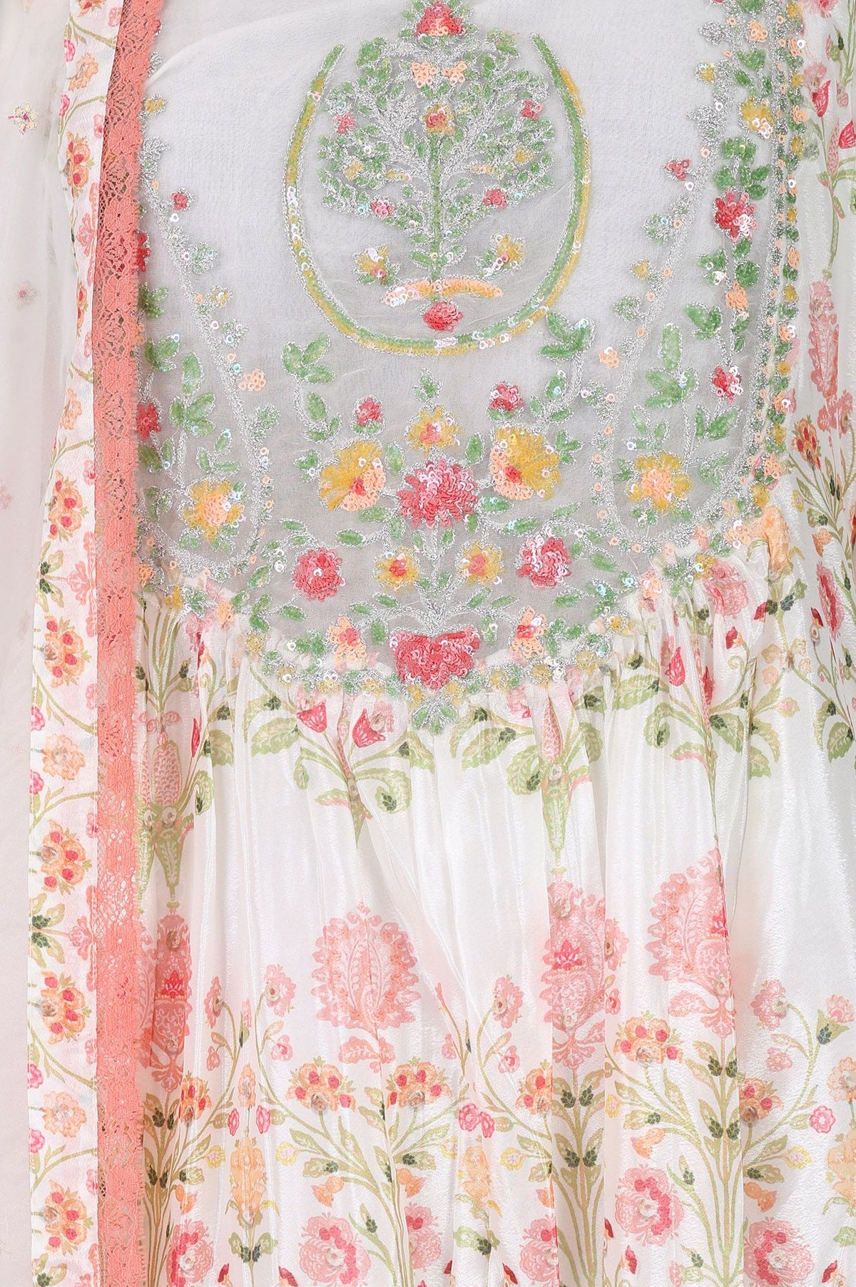 Off White Floral Printed Sequins Chinon Flared Kurta with Straight Pants and Dupatta Set