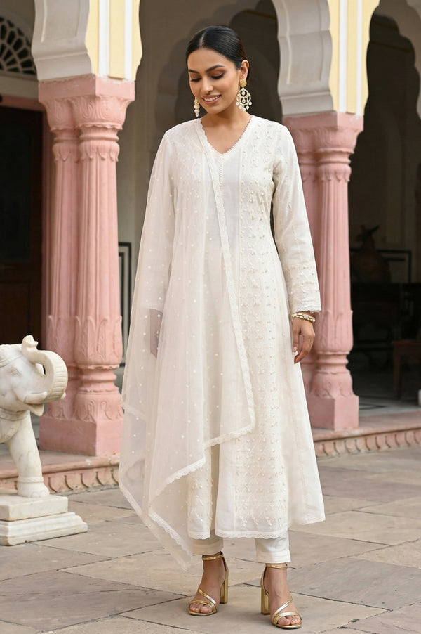 Off White Thread Embroidered Anarkali Kurta with Churidar and Dupatta Set