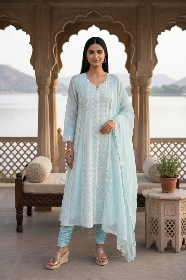 Light Blue Thread Embroidered Anarkali Kurta With Churidar And Dupatta Set