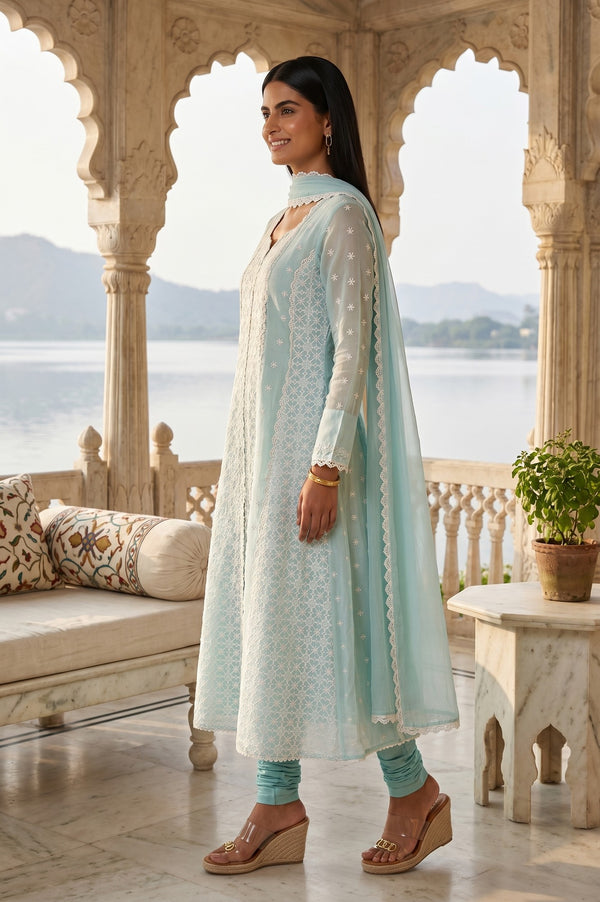 Light Blue Thread Embroidered Anarkali Kurta With Churidar And Dupatta Set
