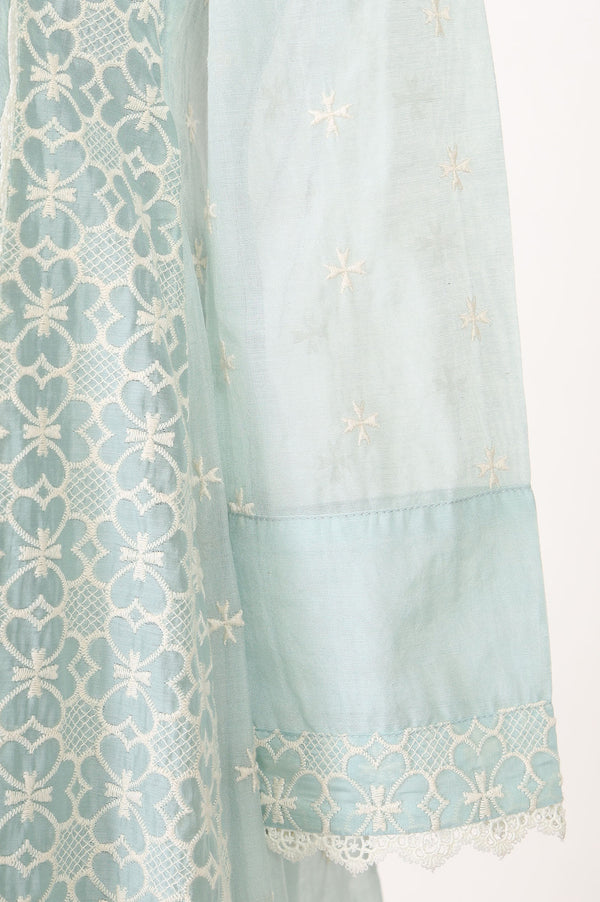 Light Blue Thread Embroidered Anarkali Kurta With Churidar And Dupatta Set