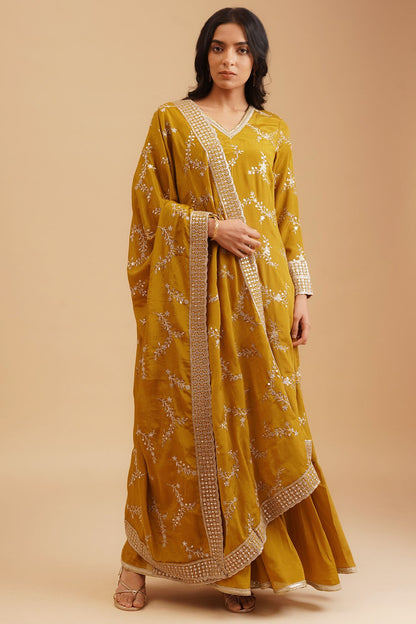 Mustard Sequins Thread Embroidered Chinon Straight Kurta with Sharara and Dupatta Set