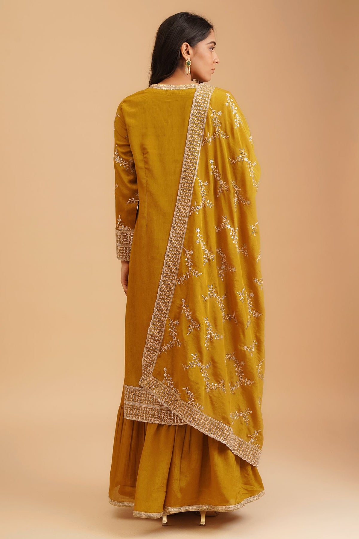 Mustard Sequins Thread Embroidered Chinon Straight Kurta with Sharara and Dupatta Set