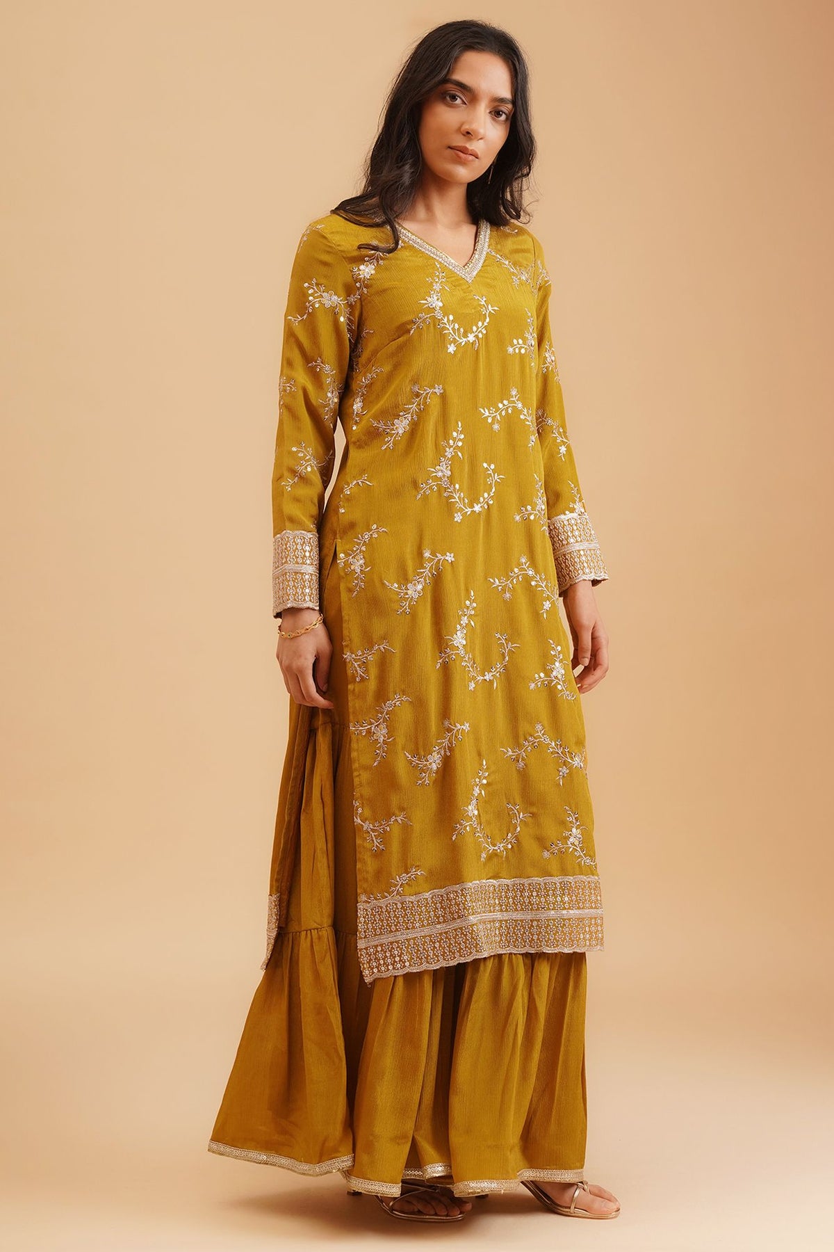 Mustard Sequins Thread Embroidered Chinon Straight Kurta with Sharara and Dupatta Set