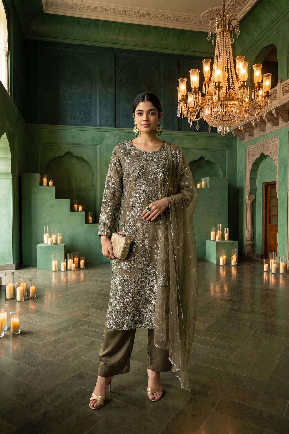 Olive Sequins Embroidered Mesh Straight Kurta with Parallel Pants and Dupatta Set
