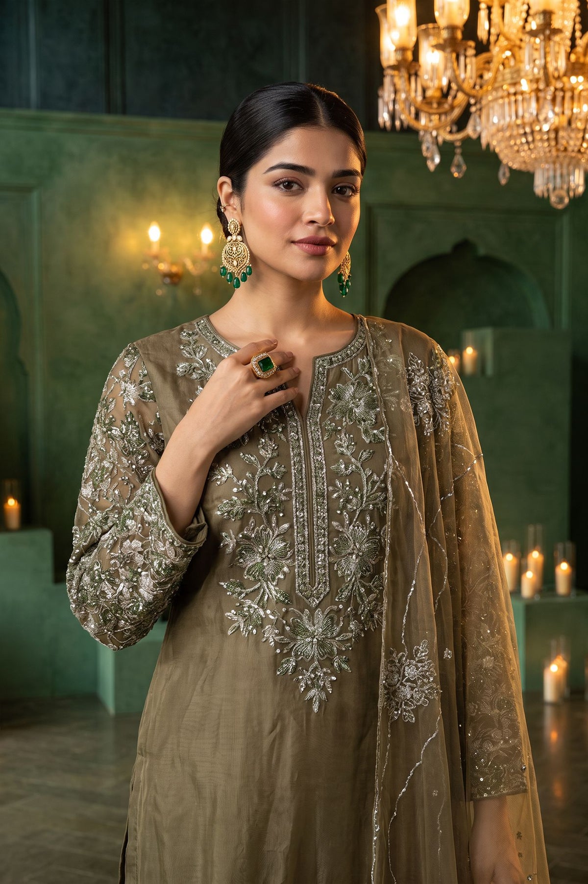 Olive Sequins Embroidered Mesh Straight Kurta with Parallel Pants and Dupatta Set