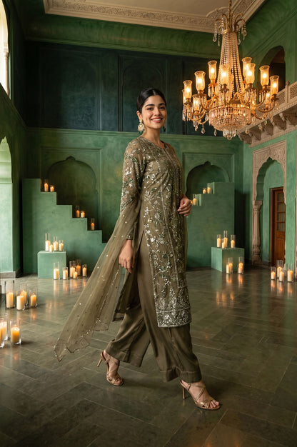 Olive Sequins Embroidered Mesh Straight Kurta with Parallel Pants and Dupatta Set