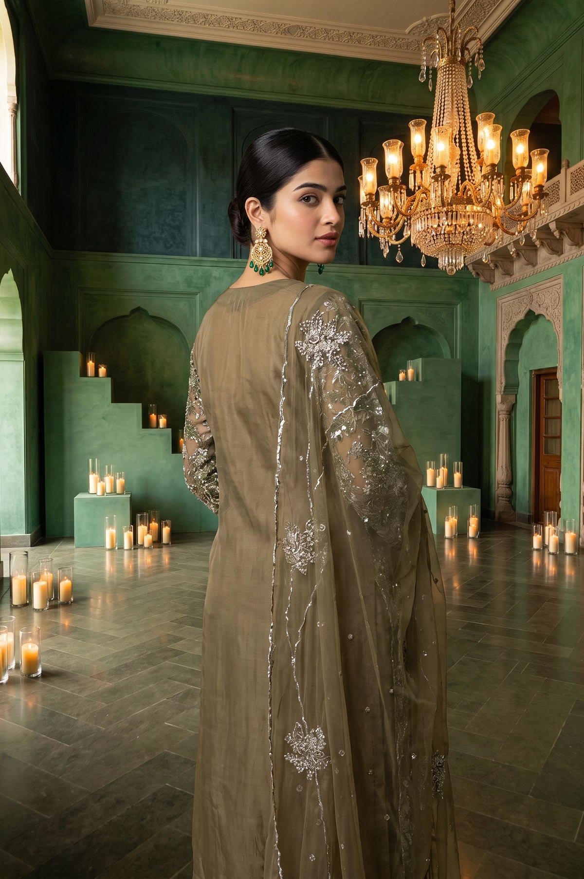 Olive Sequins Embroidered Mesh Straight Kurta with Parallel Pants and Dupatta Set