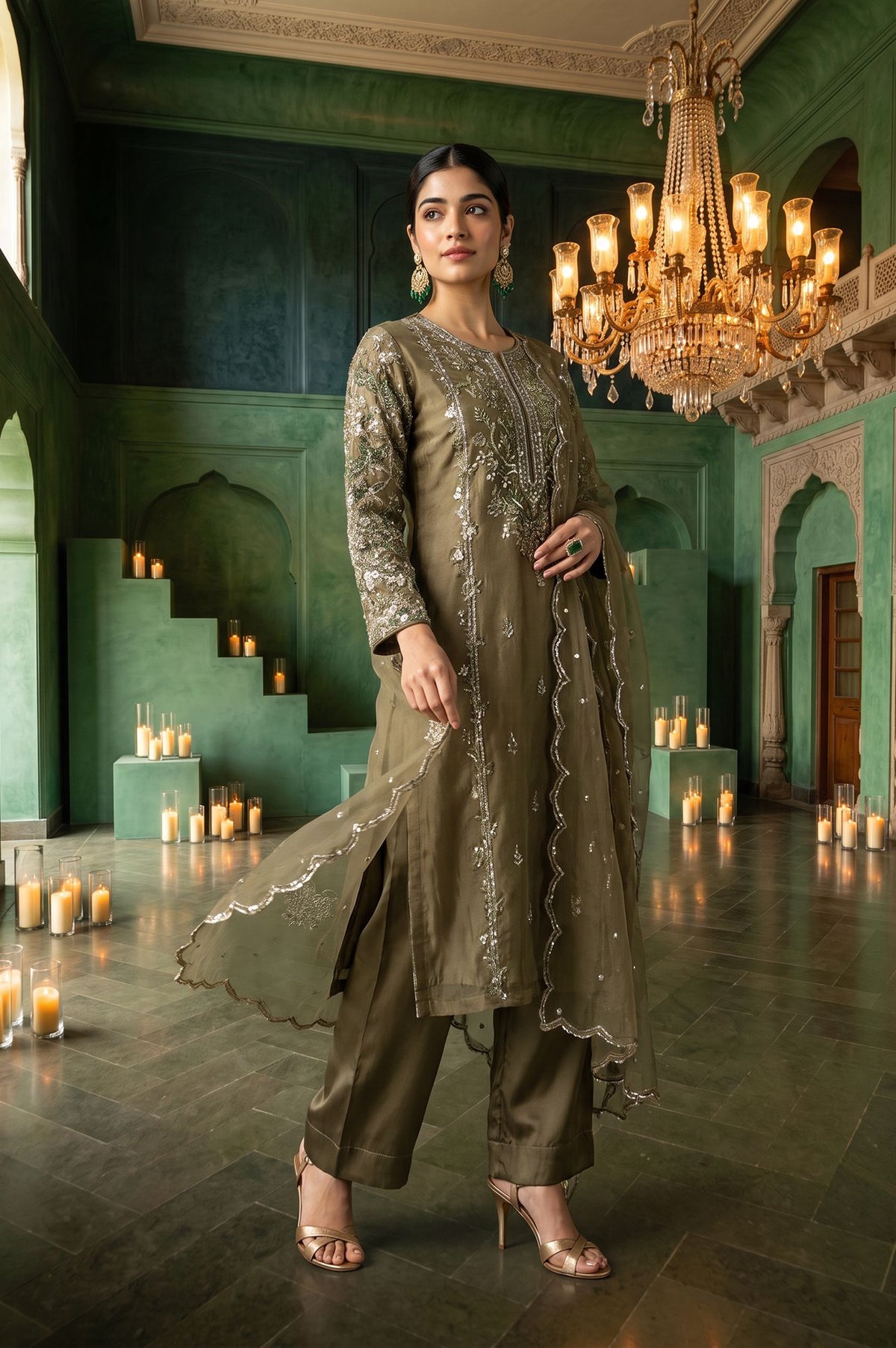 Olive Sequins Embroidered Mesh Straight Kurta with Parallel Pants and Dupatta Set