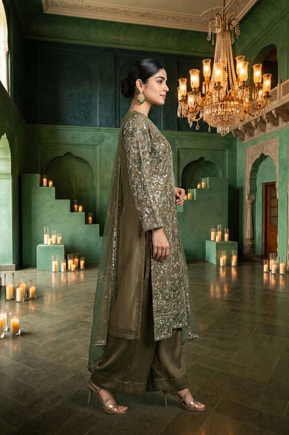 Olive Sequins Embroidered Mesh Straight Kurta with Parallel Pants and Dupatta Set