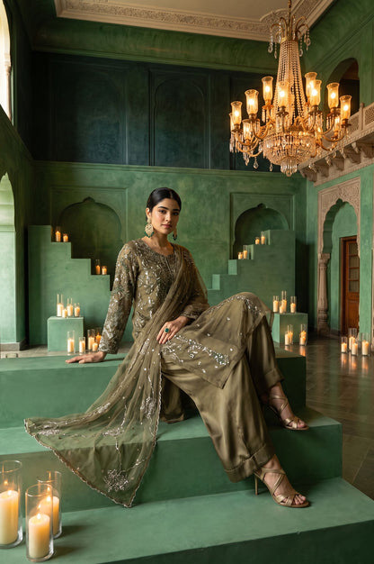 Olive Sequins Embroidered Mesh Straight Kurta with Parallel Pants and Dupatta Set