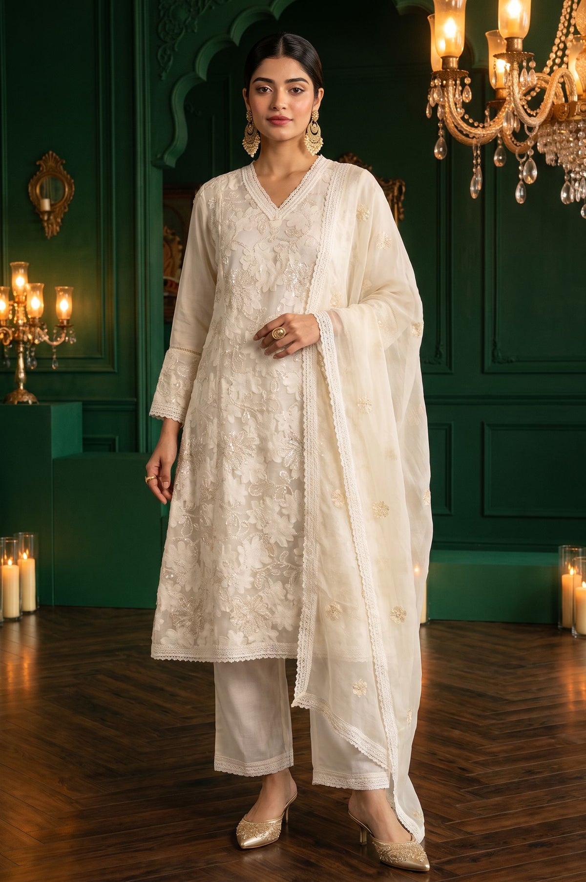 Wishful Off White Thread Embroidered Lace Jacquard Straight Kurta with Straight Pant and Dupatta Set