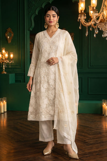 Wishful Off White Thread Embroidered Lace Jacquard Straight Kurta with Straight Pant and Dupatta Set