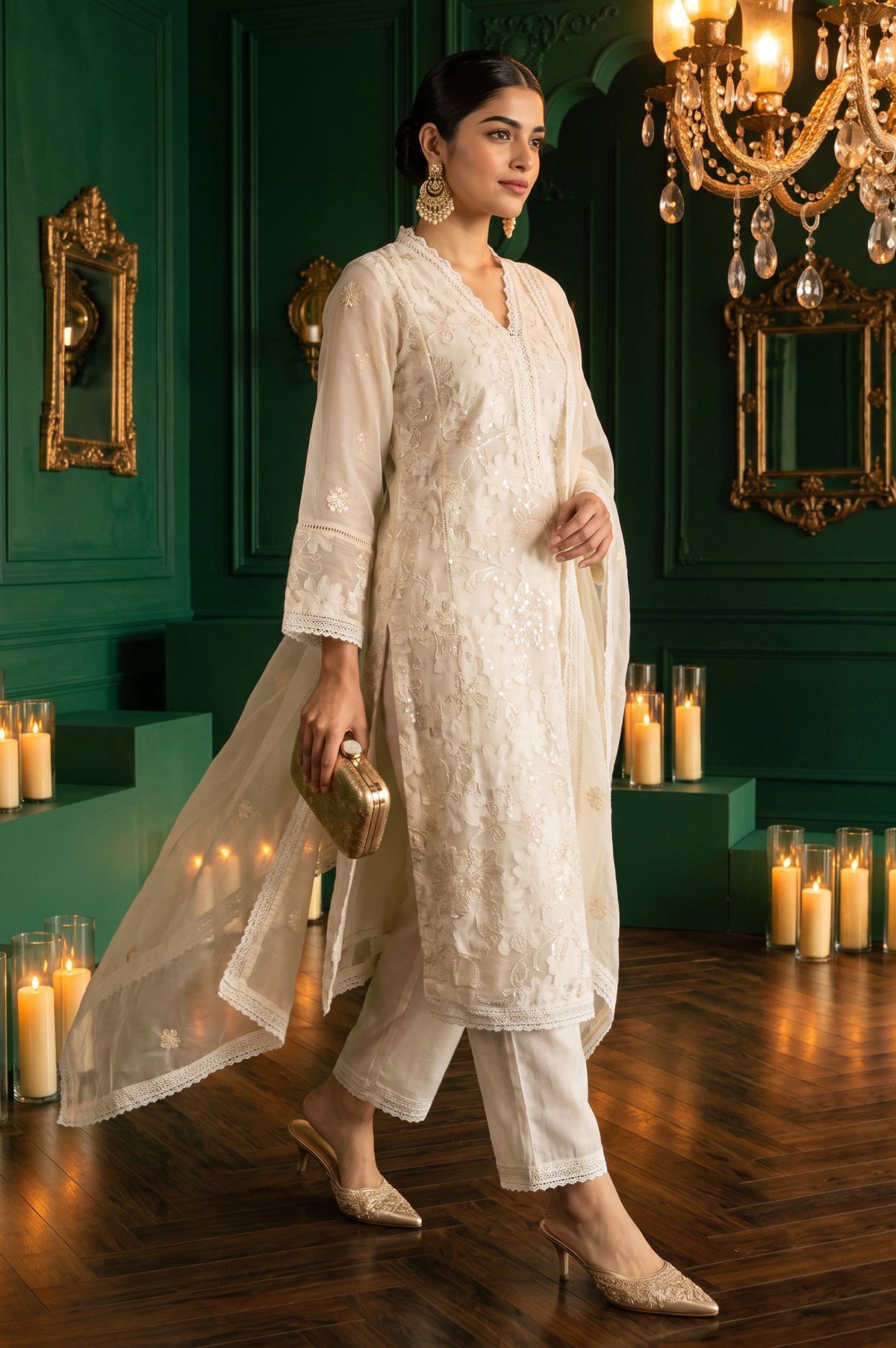 Wishful Off White Thread Embroidered Lace Jacquard Straight Kurta with Straight Pant and Dupatta Set