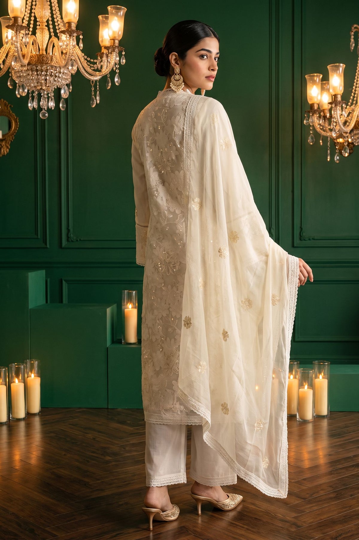 Wishful Off White Thread Embroidered Lace Jacquard Straight Kurta with Straight Pant and Dupatta Set