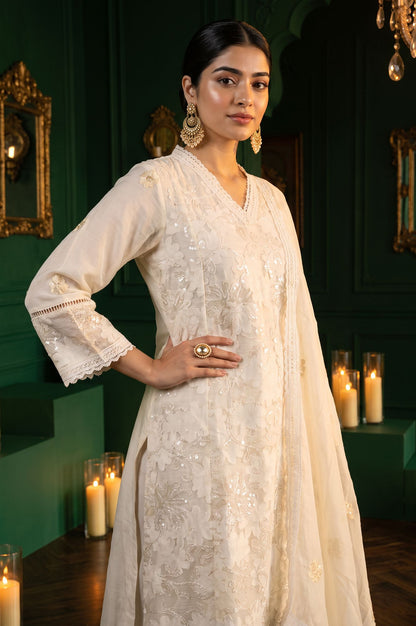 Wishful Off White Thread Embroidered Lace Jacquard Straight Kurta with Straight Pant and Dupatta Set