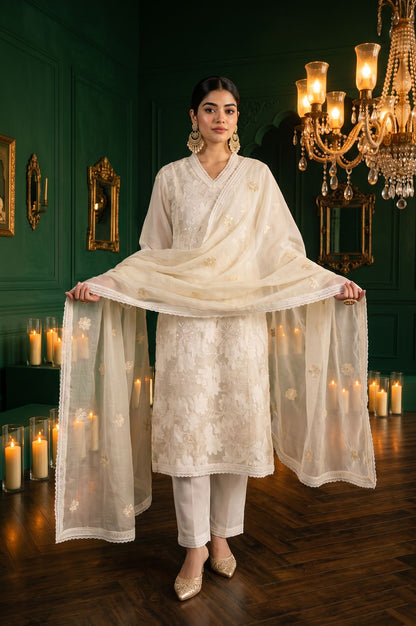 Wishful Off White Thread Embroidered Lace Jacquard Straight Kurta with Straight Pant and Dupatta Set