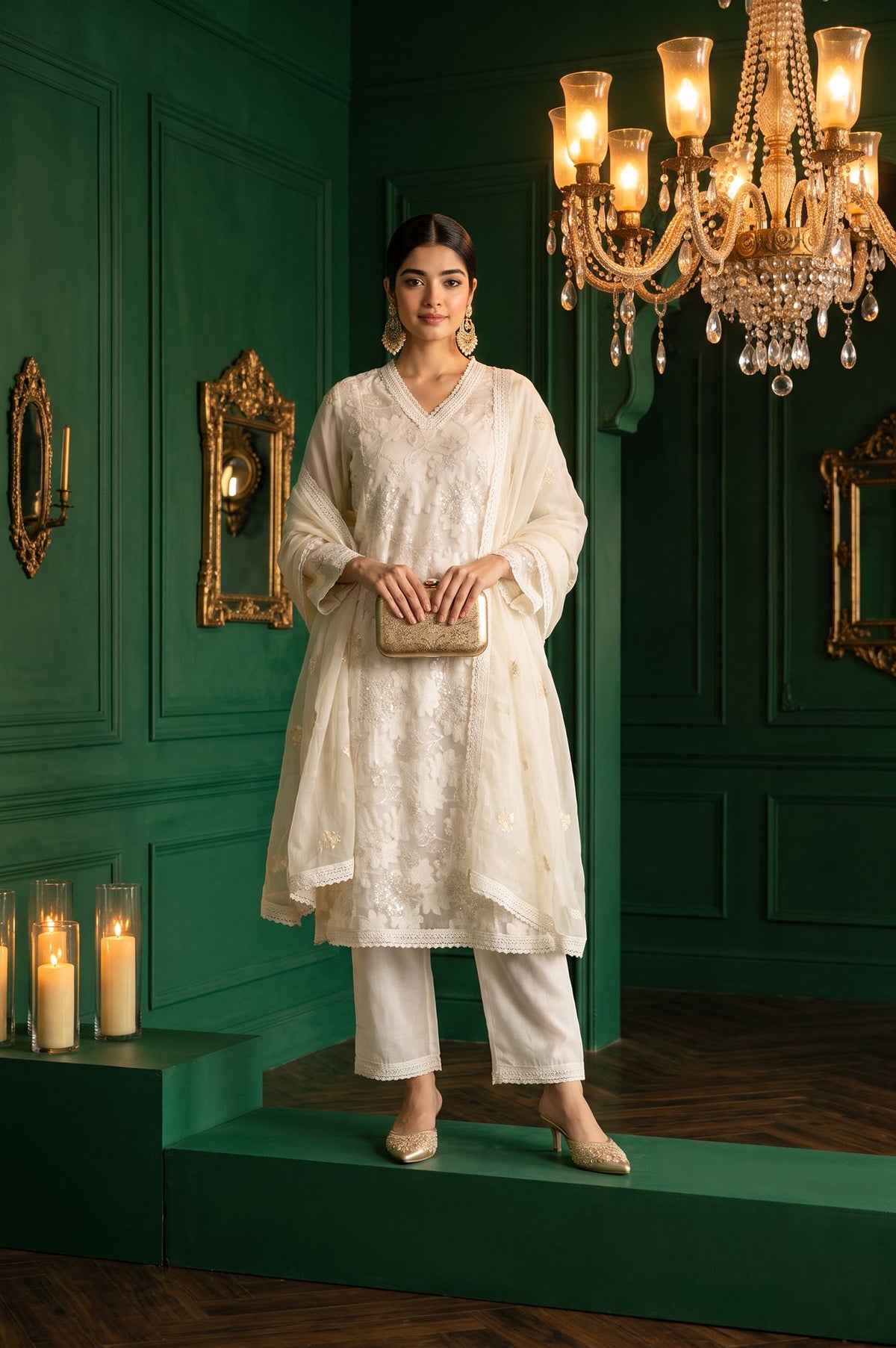 Wishful Off White Thread Embroidered Lace Jacquard Straight Kurta with Straight Pant and Dupatta Set