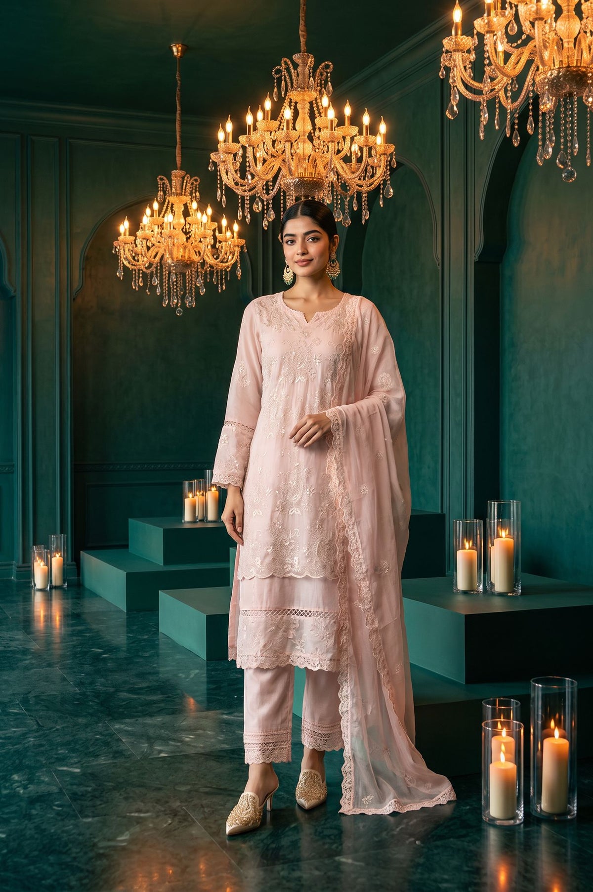 Pink Embroidered Straight Kurta with Straight Pants and Dupatta Set
