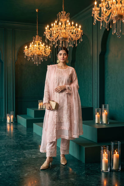 Pink Embroidered Straight Kurta with Straight Pants and Dupatta Set