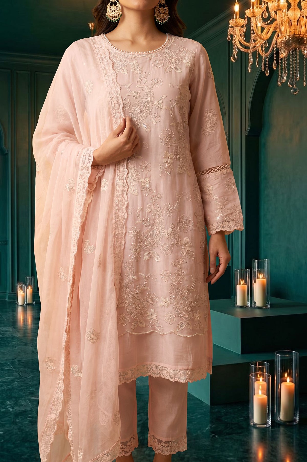 Pink Embroidered Straight Kurta with Straight Pants and Dupatta Set