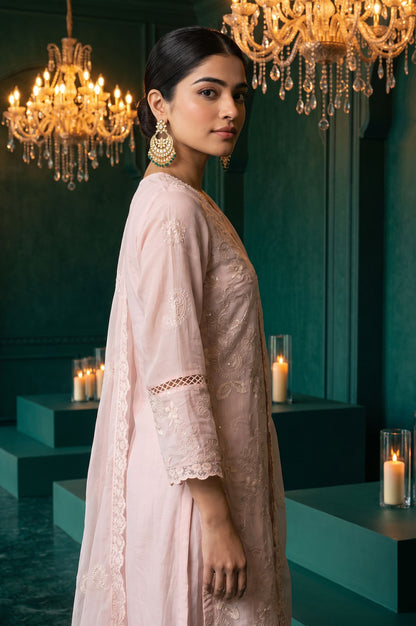 Pink Embroidered Straight Kurta with Straight Pants and Dupatta Set