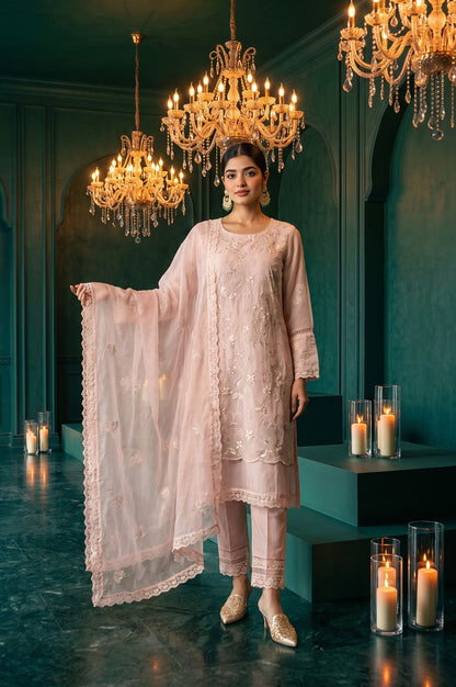 Pink Embroidered Straight Kurta with Straight Pants and Dupatta Set