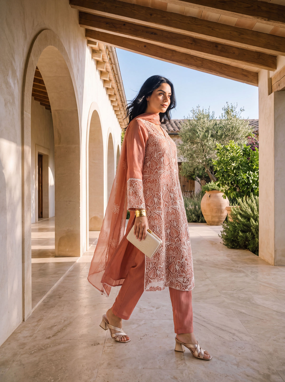 Peach Floral Thread Embroidered Chinon Straight Kurta with Straight Pants and Dupatta Set