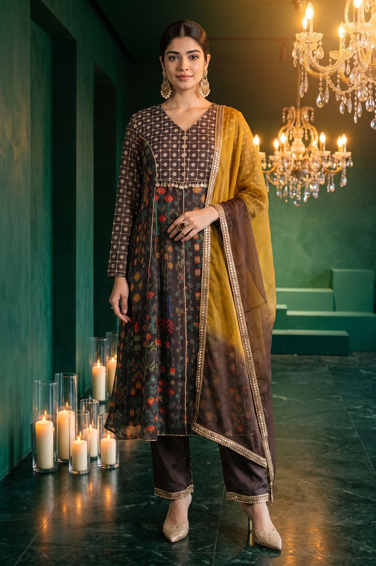 Wishful Coffee Brown Ombre Printed Sequins Organza A-line Kurta with Straight Pants and Dupatta Set