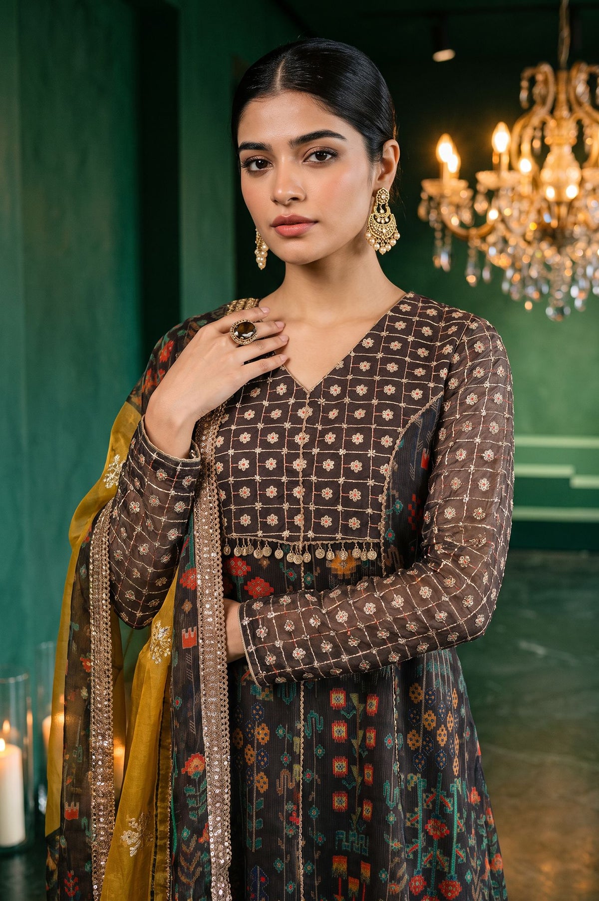 Wishful Coffee Brown Ombre Printed Sequins Organza A-line Kurta with Straight Pants and Dupatta Set