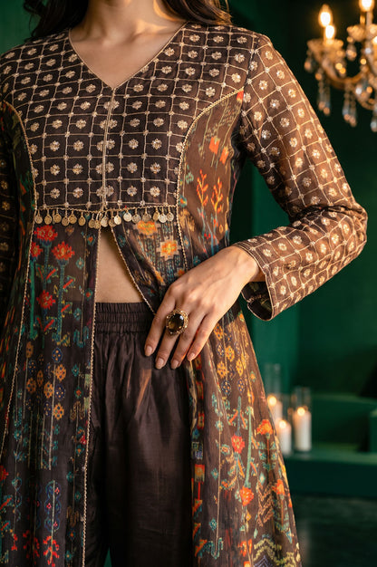 Wishful Coffee Brown Ombre Printed Sequins Organza A-line Kurta with Straight Pants and Dupatta Set