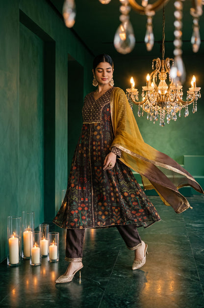 Wishful Coffee Brown Ombre Printed Sequins Organza A-line Kurta with Straight Pants and Dupatta Set